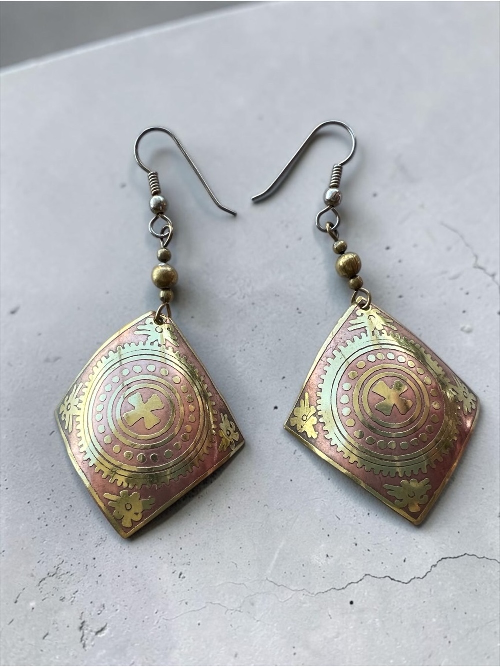💖 Vintage Artisan Brass & Copper Geometric Earrings 💖